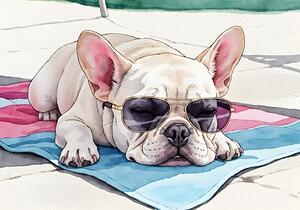 Tired Cream French Bulldog Puppy Resting On Beach Towel by Puppy Prints
