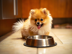 Pomeranian Puppy Waits By Empty Food Bowl by Puppy Prints