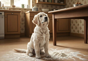 Hopeful Puppy After Kitchen Adventure Ends by Puppy Prints