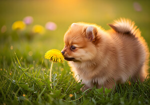Pomeranian Puppy Discovers Yellow Dandelion In Meadow by Puppy Prints