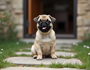 Tan and black Pug puppy with a wrinkled face sits proudly on a stone patio by Puppy Prints