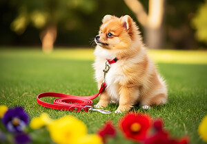 Pomeranian Puppy Discovers New Red Leash by Puppy Prints