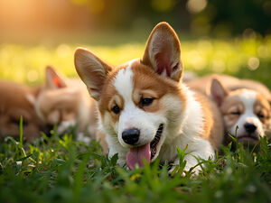Tired Pembroke Welsh Corgi Puppy Resting After Playing With Siblings by Puppy Prints