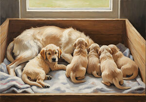 Golden Retriever Puppy Finds Comfort With Mother by Puppy Prints