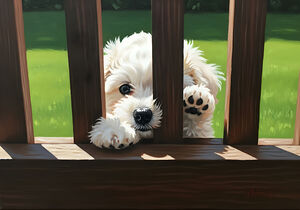 White Bichon Frise Puppy Peeking Through Wooden Fence