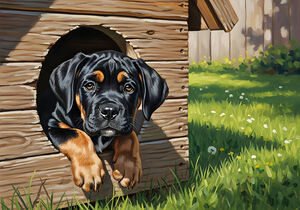 Curious Cane Corso Puppy Peeks From Doghouse by Puppy Prints
