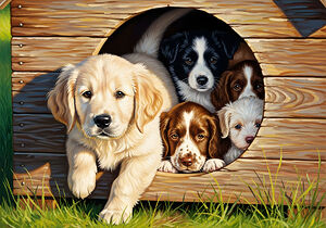 Golden Retriever Puppy Enters Crowded Doghouse by Puppy Prints
