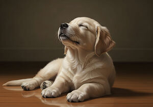 Golden Retriever Puppy Fast Asleep Sitting Upright by Puppy Prints