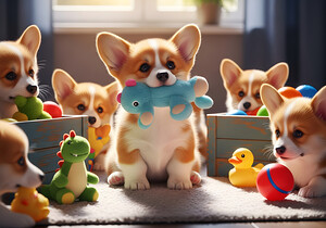 Happy Corgi Puppy Enjoys New Plush Toy Friend by Puppy Prints