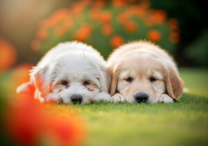Tired Bichon Frise Puppies Resting After Playing In The Garden by Puppy Prints