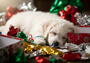 Sleepy Bichon Frise Puppy Naps Among Holiday Wrapping by Puppy Prints
