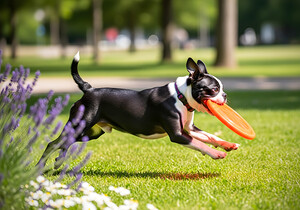 Proud Boston Terrier Puppy Lands With Caught Frisbee by Puppy Prints