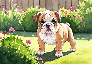 Bulldog Puppy Explores The Garden Alone by Puppy Prints