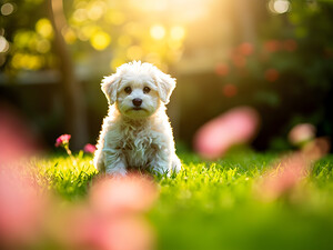 Bichon Puppy Begins Stay Training In Garden by Puppy Prints
