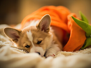 Sleepy Corgi Puppy Rests After Halloween Costume Adventure by Puppy Prints
