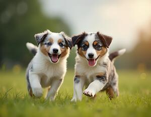 Blue Merle Australian Shepherd Puppies Playing Together In Tall Grass by Puppy Prints