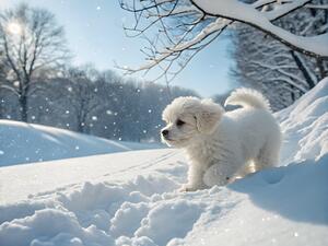 Curious White Bichon Frise Puppy Takes First Steps Into Deep Snow by Puppy Prints