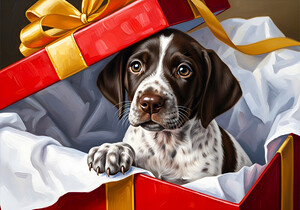 German Shorthaired Pointer Puppy Discovers Big Red Gift Box by Puppy Prints