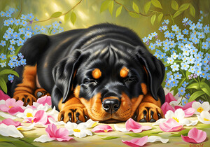 Sleepy Rottweiler Puppy Rests In Flower Bed by Puppy Prints
