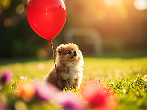 Pomeranian Puppy Discovers Floating Red Balloon by Puppy Prints