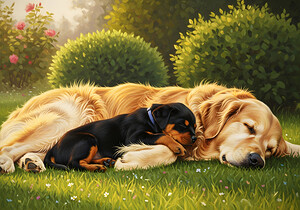 Sleepy Puppy Rests Safely Between Big Dogs Protective Paws by Puppy Prints