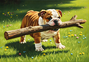 Bulldog Puppy Finds Big Wooden Stick