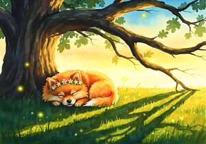 Pomeranian Puppy Sleeps Under Oak Tree At Sunset by Puppy Prints