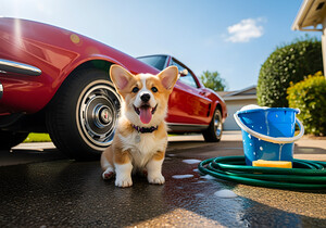Corgi Puppy Ready For Car Wash Adventure by Puppy Prints