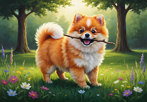 Pomeranian Puppy Discovers Perfect Stick by Puppy Prints