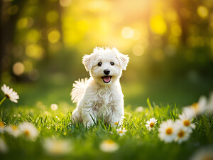 Proud Bichon Puppy Celebrates Successful Stay Training by Puppy Prints