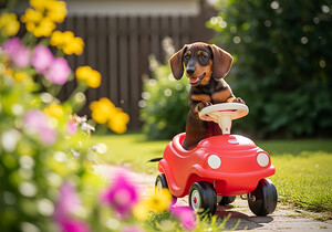 Dachshund Puppy Ready For Adventure In Red Toy Car by Puppy Prints