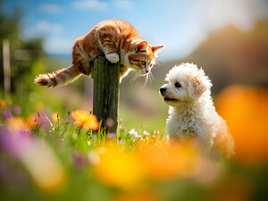 Bichon Frise Puppy Meets Garden Cat