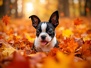 Boston Terrier Puppy Discovers Autumn Leaf Pile by Puppy Prints