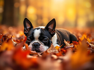 Sleepy Boston Terrier Puppy Rests In Autumn Leaves by Puppy Prints