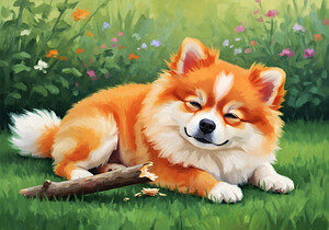 Satisfied Pomeranian Puppy After Playtime by Puppy Prints
