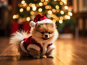Pomeranian Puppy In Festive Christmas Outfit by Puppy Prints
