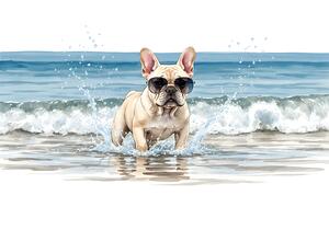 Cream French Bulldog Puppy Splashing In Ocean Water With Sunglasses by Puppy Prints