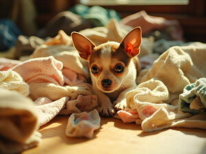 Chihuahua Puppy Discovers Laundry Adventure by Puppy Prints