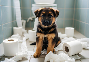 German Shepherd Puppy Discovers Bathroom Treasure by Puppy Prints