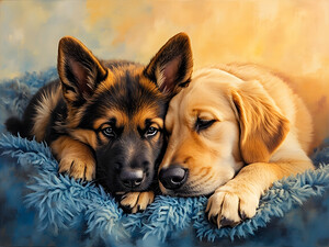 German Shepherd Puppy Snuggles With Golden Friend by Puppy Prints