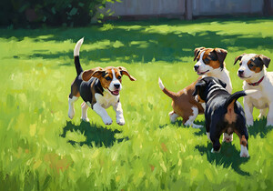 Beagle Puppy Runs To Join Sibling Playtime Fun by Puppy Prints