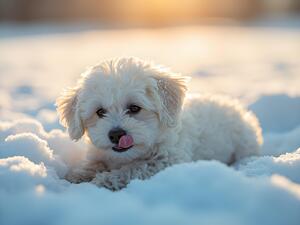 Content White Bichon Frise Puppy Resting After Snow Play Session