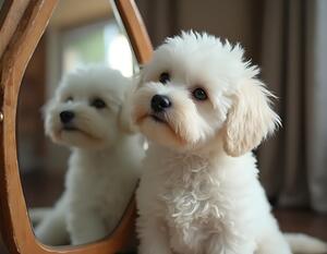 Thoughtful Bichon Frise Puppy Contemplates Its Mirror Reflection