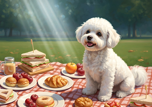 Patient Bichon Frise Waits For Picnic Treats by Puppy Prints