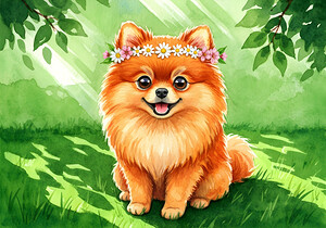 Pomeranian Puppy Discovers A Beautiful Flower Crown by Puppy Prints