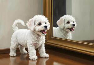 Playful White Bichon Frise Puppy Invites Mirror Reflection To Play
