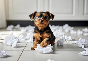 Guilty Yorkshire Terrier Puppy Surrounded By Shredded Tissue by Puppy Prints