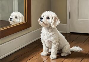 Curious White Bichon Frise Puppy Discovers Mirror For First Time by Puppy Prints