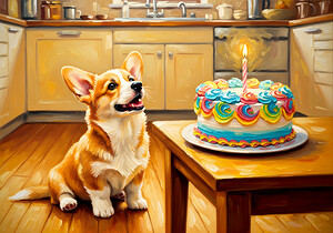 Corgi Puppy Discovers Birthday Cake by Puppy Prints