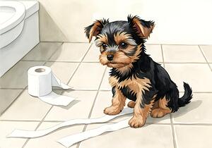 Brown Yorkshire Terrier Puppy With Unrolled Toilet Paper Trail by Puppy Prints